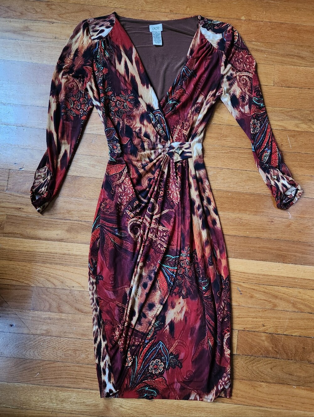 Cache | Vintage Faux Wrap Dress Size XS Leopard Paisley